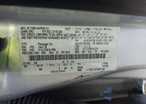 2014 Ford Focus Se from USA, damaged, VIN 1FADP3F2XEL221141